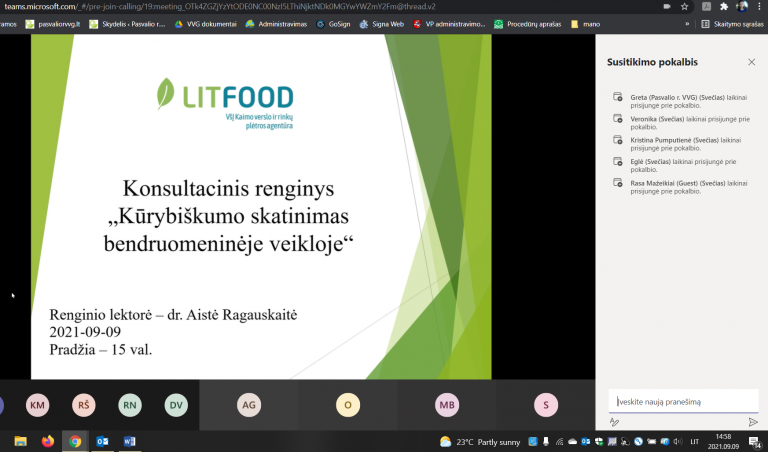 Dalyvavimas nuotoliniame konsultaciniame renginyje „Kūrybiškumo skatinimas bendruomeninėje veikloje“